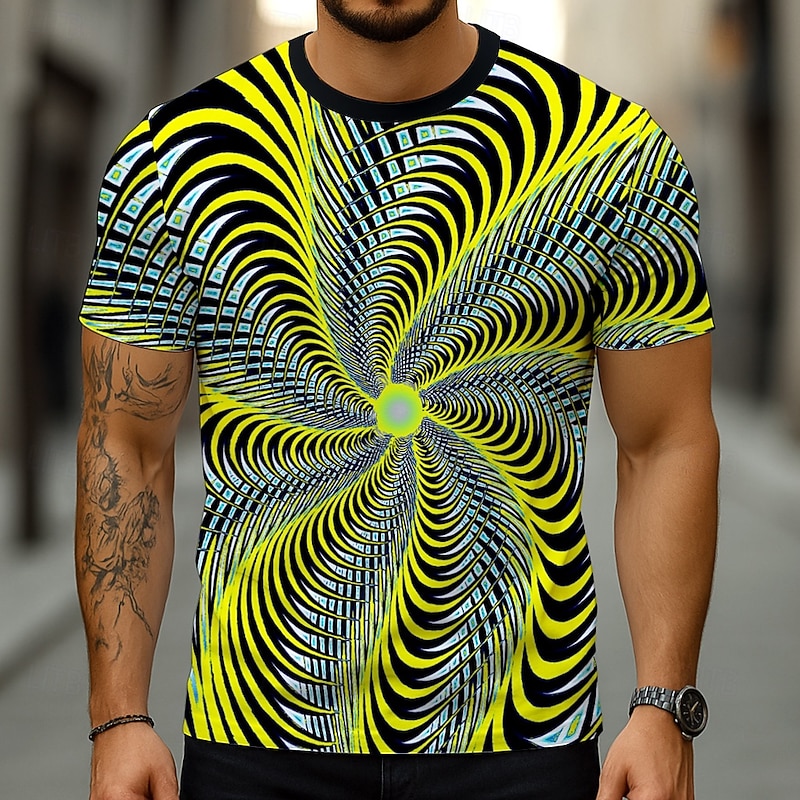 Men's Geometric Optical Illusion 3D T Shirt Short Sleeve T shirt 3D Print Crew Neck Shirt Exaggerated Designer Party Street Casual Yellow Navy Blue Blue Summer Spring All Seasons Clothing Apparel S M4