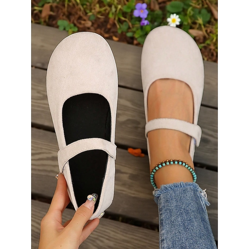 Women's Beige Wide Toe Mary Jane Flats – Soft Faux Suede Comfort Shoes for Casual Outings, Garden Strolls and Daily Wear3