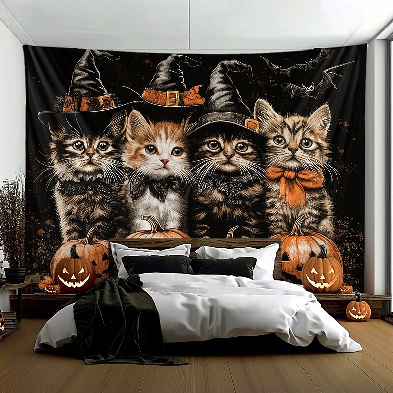 Halloween Hanging Tapestry Witch Cat Photograph Backdrop Jack O Lantern Wall Art Large Tapestry Mural Decor Blanket Curtain Home Bedroom Living Room Decoration Death Selfie2
