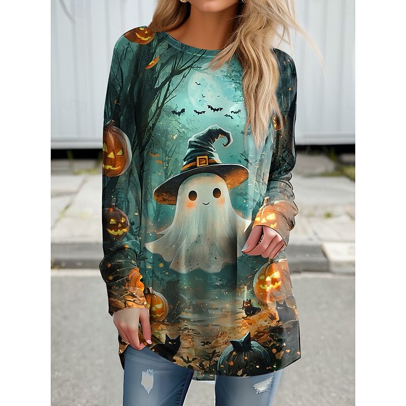 Halloween Women's T shirt Ghost Long Sleeve Graphic Geometric Vintage Stylish Classic Long Sleeve Crew Neck Regular Tops Daily Print Sage Green Purple Green Spring Fall Prefall