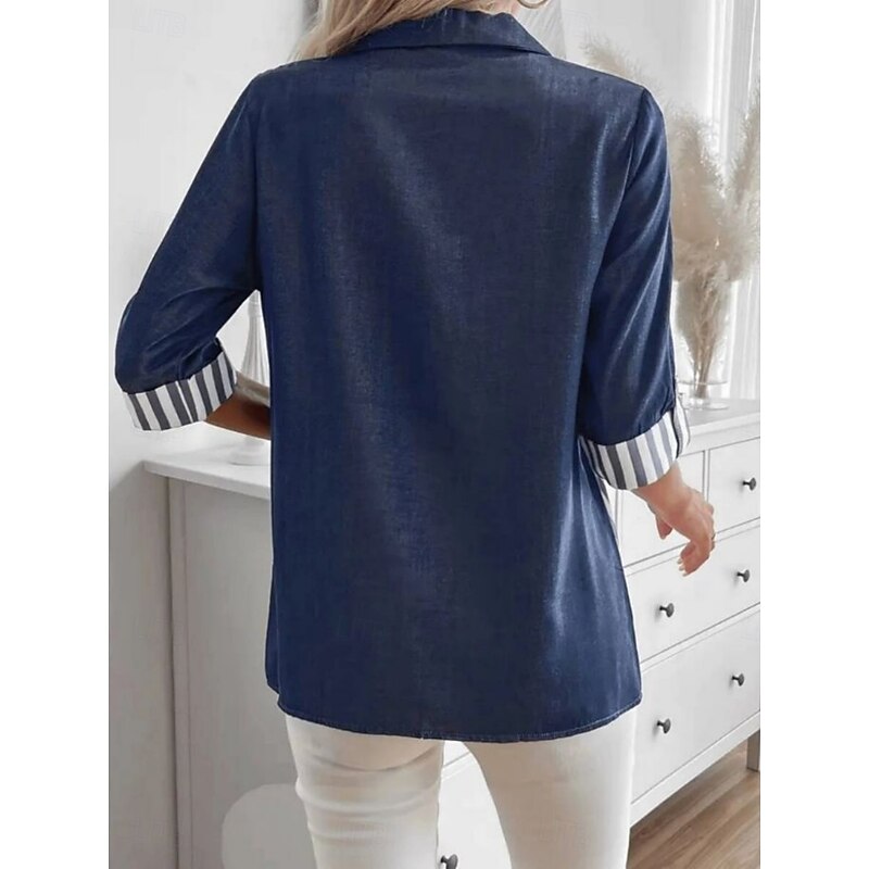 Women's Shirt Plaid Stylish Modern Long Sleeve Shirt Collar Regular Tops Daily Holiday Pocket Buttons Print Navy Blue Summer3