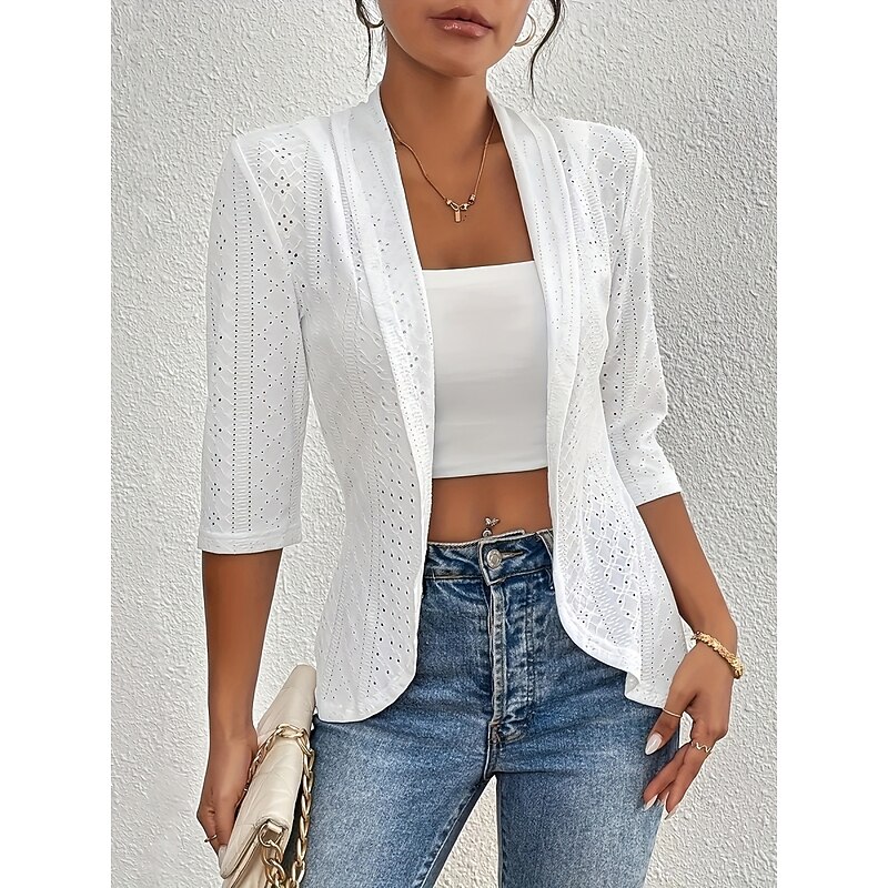 Women's Casual Jacket Comfortable Breathable Slim Fit Fashion Daily Plain Outdoor Casual Daily Open Front Regular Collarless Regular Fit Long Sleeve Outerwear White Spring Fall4