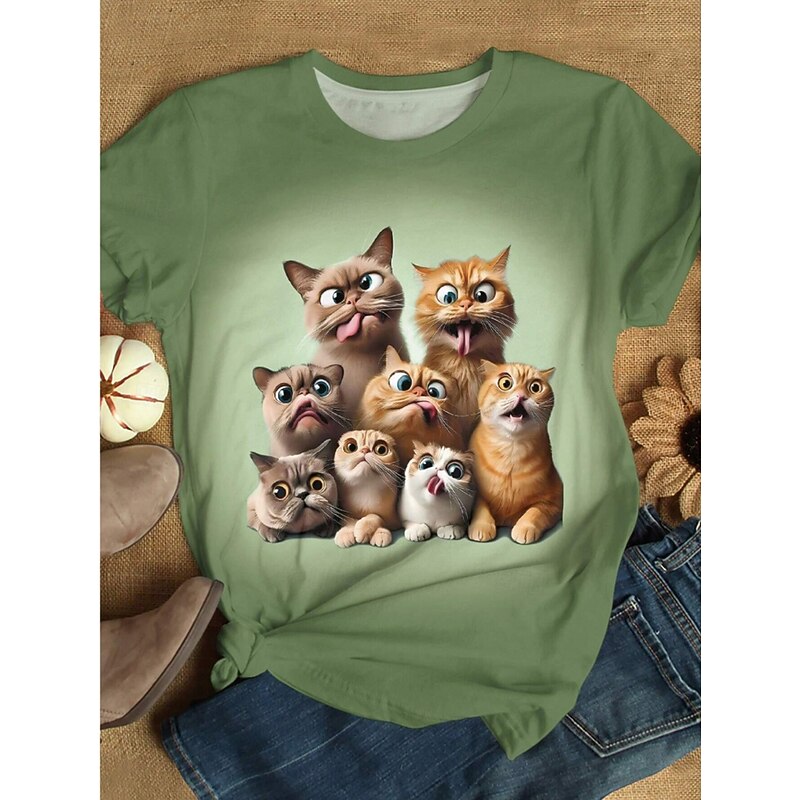 Women's T Shirt Graphic Animal Cat Vintage Stylish Classic Short Sleeve Crew Neck Round Neck Regular Tops Daily Print Black Pink Blue Green Summer Spring4