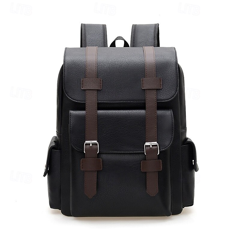 Men's Vintage Faux Leather Backpack with Buckle Straps, Large Capacity Multi-Pocket Travel and Laptop Bag for School, Work, and Daily Use, Available in Black, Brown, and Coffee2