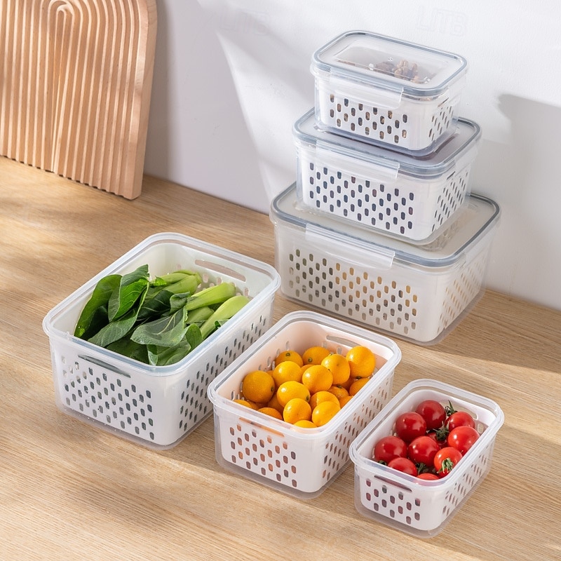 Household Transparent Plastic Food Storage Box-Including Drain Basket and Lids Reusable Multi-Purpose Kitchen Organizer Boxes for Fruits, Vegetables, and Dry Goods