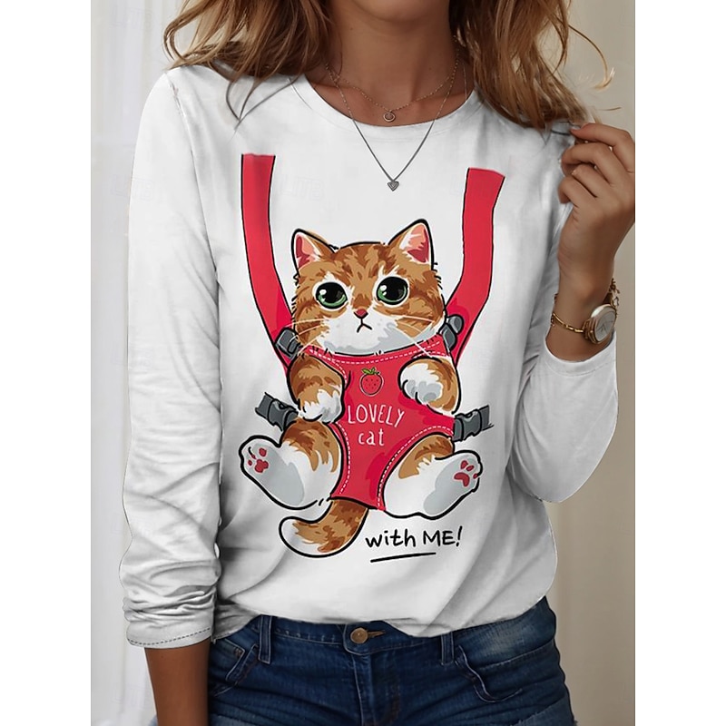 Women's T shirt Crew Neck Long Sleeve Tunic Graphic Animal Vintage Casual  Regular Tops Daily Print White Purple Gray Spring Fall2