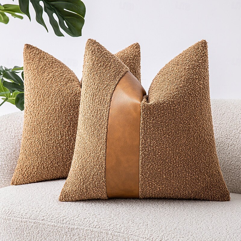 1pc Faux Leather Boucle Throw Pillow Covers 18"x18" Chic Accents Textured Square Decorative Pillow Cases for Living Room Couch Bed Farmhouse Boho Home Decor2