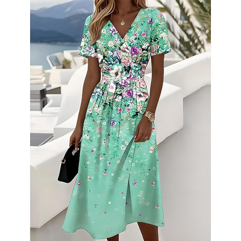 Easter Women's Elegant Midi Dress A Line Dress Wrap Dress V Neck Short Sleeve Going out Regular Fit Floral Graphic Blue Purple Orange Green