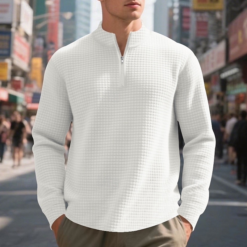 Men's Sweatshirt Waffle Sweatshirt Quarter Zip Sweatshirt Black White Wine Army Green Khaki Hooded Plain Zipper Textured Sports & Outdoor Casual Daily Streetwear Cool Sportswear Spring &  Fall2