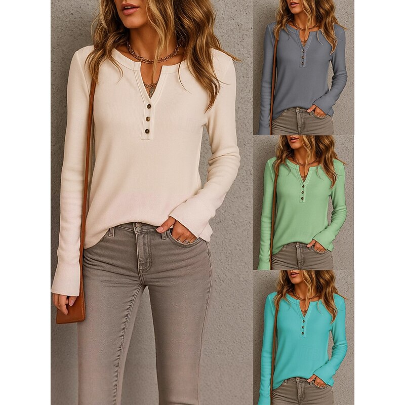 Women's Blouse Plain Stylish Modern Long Sleeve V Neck Regular Tops Daily Holiday Buttons Light Green Blue Beige Gray Summer Spring Fall
