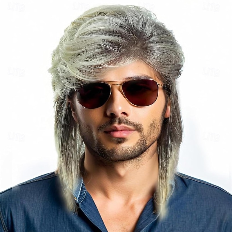 80s Style Mullet Wig Long Two-Tone Gray Blonde Costume Party Accessory