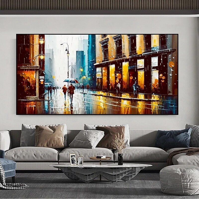 Handmade Oil Painting Canvas Wall Art Decoration Vintage Architectural Street Landscape for Living Room Home Decor Stretched Frame Hanging Painting/Rolled Frameless Unstretched Painting2
