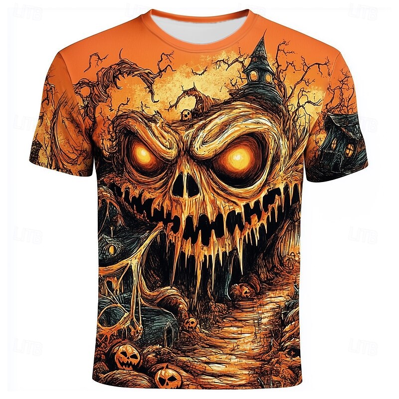 Halloween Men's Optical Illusion Pumpkin 3D T Shirt Short Sleeve T shirt 3D Print Crew Neck Shirt Exaggerated Designer Horror Party Street Casual Orange 3 Orange Orange 2 Summer Spring All Seasons2