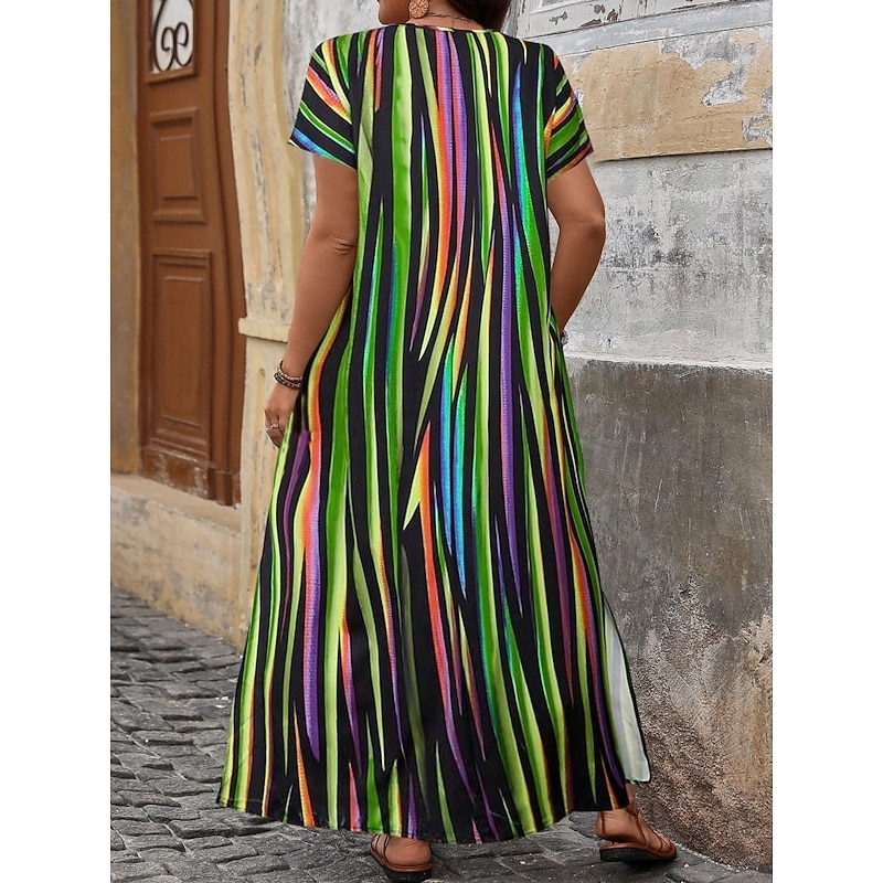 Women's Maxi Dress A Line Dress Casual Outdoor Beach Loose Fit Stripe Short Sleeve V Neck Pink Red Blue Purple Summer Spring4