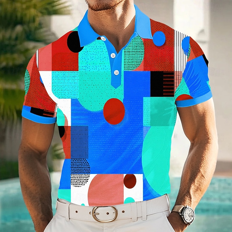 Men's Polo Vacation Street Turndown Short Sleeve Vacation Geometric Color Block Buttons Summer Slim Fit Lake blue Blue Yellow Green Polo