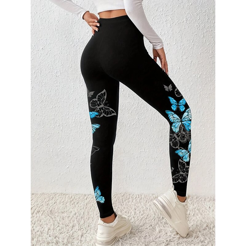 Women's Leggings Vacation Vintage Ethnic Style Ankle-Length High Waist Graphic Animal Butterfly 3D Print Quick Dry Breathability Soft Stretchy Outdoor Home Causal Blue Fall Regular Fit3