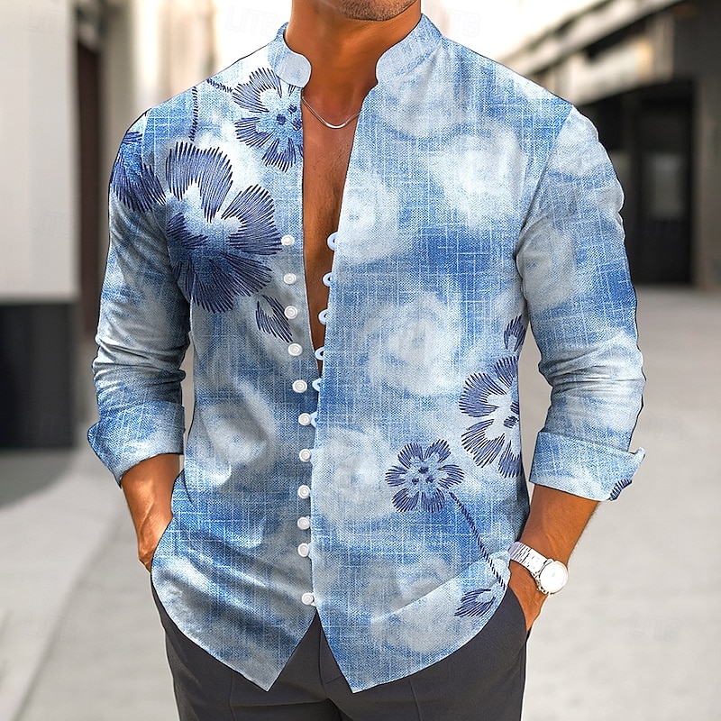 Men's Floral Print Tropical Flowers Shirt Aloha Shirt Stand Collar Shirt Long Sleeve Hawaiian Vacation Daily Wear Going out Spring Fall Mandarin Collar Band Collar Button-Down Linen Like Shirt Blue
