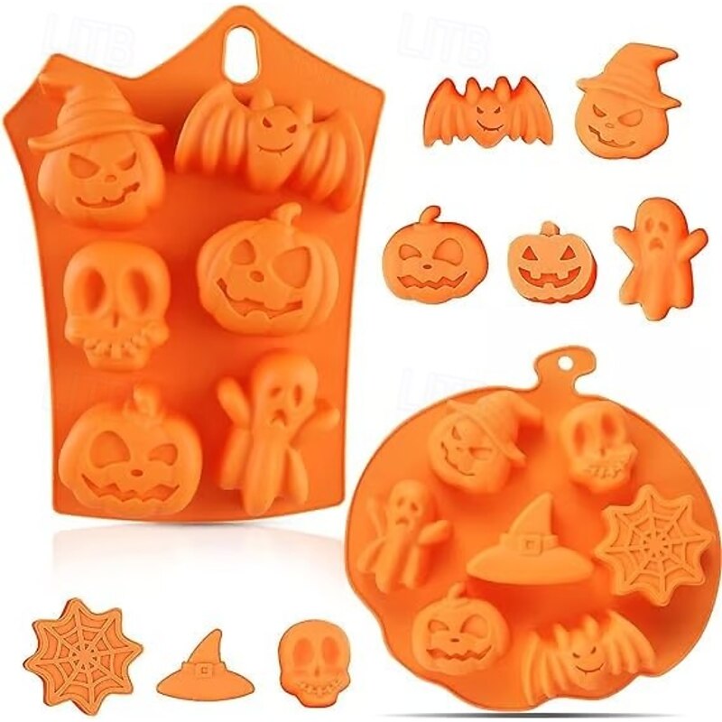 2pcs Halloween Silicone Molds for Cake Decorating, Ghost Pumpkin Tombstone Bat Skull Fondant Molds for DIY Baking, Chocolate, Candy, and Cupcake Toppers