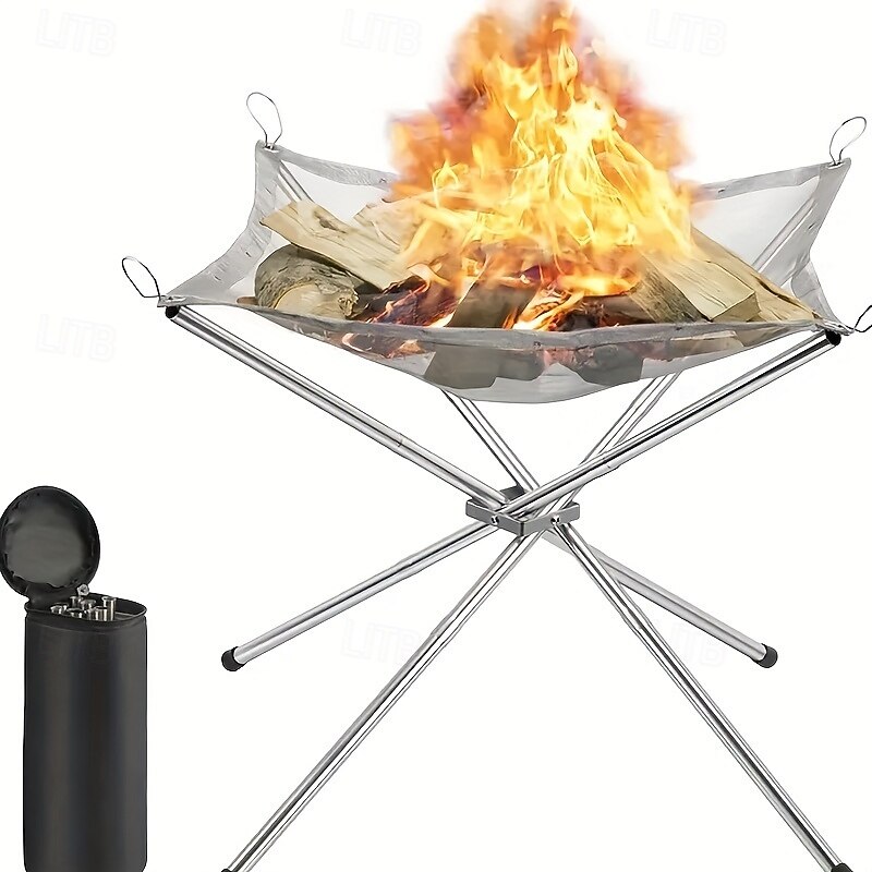 Portable 1pc Folding Steel Mesh Camping Fire Pit - Outdoor Wood Burning Campfire Stand with Storage Bag - 42cm/16.5in