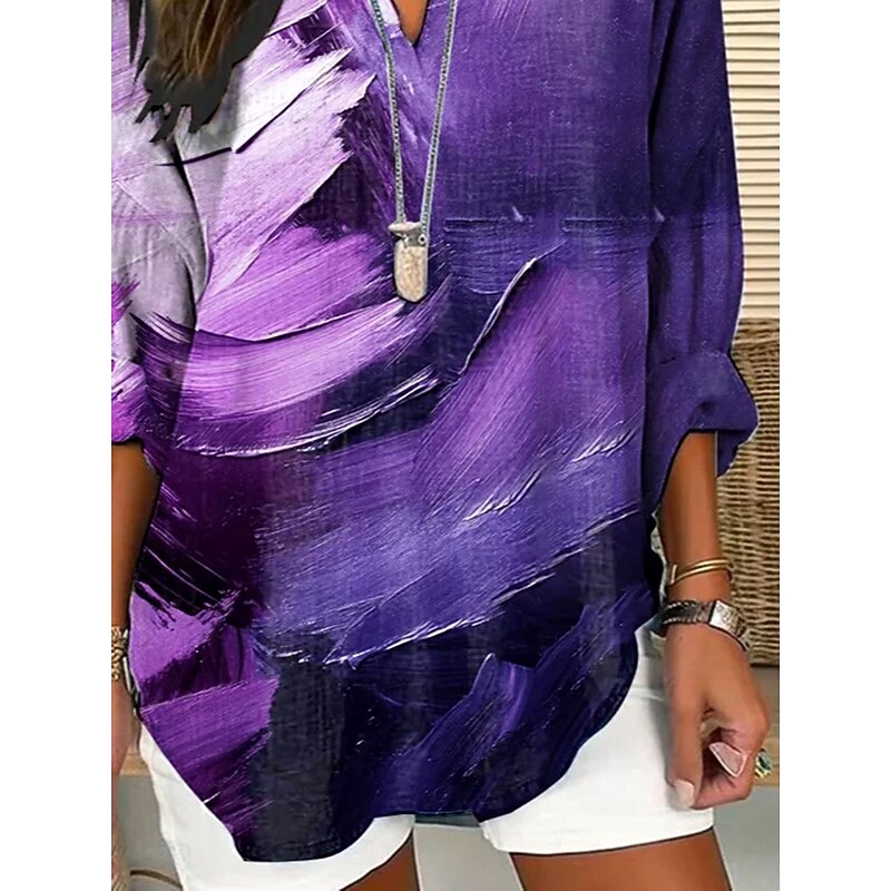 Women's Blouse Tunic V Neck Long Sleeve Boho Casual Ombre Graphic Geometric Vintage Daily Stylish Notched Neck Regular Tops Daily Print Purple Fall3