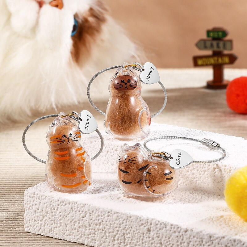 Personalized Name Cat Fur Keychain Custom Memorial Gift Sympathy Gift for Pet Loss, Keepsake with Real Hair, Cute Mini Charm for Cat Owners Remembrance Gift