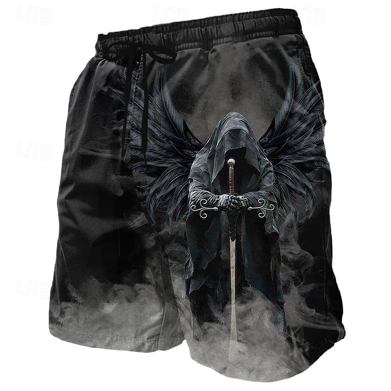 Men's Grim Reaper Angel Death Swim Trunks Swim Shorts Board Shorts Mid Waist Dark Gothic Style Holiday Streetwear Side Pockets Mesh Lining Elastic Drawstring Waist Designer Clothing Apparel - Main Image