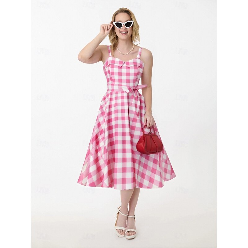 Retro Vintage 1950s Rockabilly Midi Dress Swing Dress Flare Dress Doll With Belt Spaghetti Strap Check Gingham Fancy Dress Women's Halloween Carnival Daily Wear Tea Party Retro Theme Party Adults