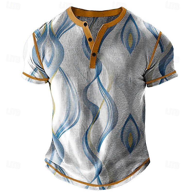 Men's Geometric Pattern Henley Shirt Waffle T Shirt Short Sleeve Daily Retro Vintage Classic Sports Outdoor Casual Holiday Spring & Summer All Seasons Blue Yellow Purple Henley Henley T-Shirt