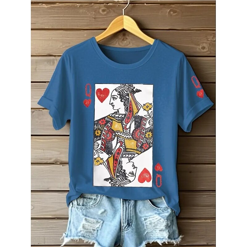 Women's Poker Queen of Hearts T Shirt Graphic Letter Vintage Stylish Classic Short Sleeve Crew Neck Round Neck Regular Tops Daily Weekend Print Black White Pink Blue Purple Summer Spring4