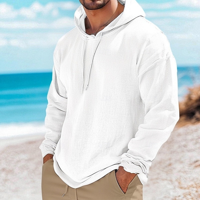 Men's Henley Shirt Linen T-Shirt Long Sleeve Hooded Summer Spring Solid Color Plain Vintage Bohemian Casual Raw Edge Vacation Street Casual White Pink Light Blue Top Tee for Men2