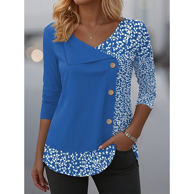 Women's Blouse Tunic V Neck Long Sleeve Buttons Floral Graphic Fashion Stylish Casual Crew Neck Regular Tops Daily Patchwork Print Red Blue Purple Green Spring Fall Winter2