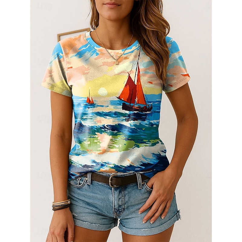 Women's T Shirt Ombre Graphic Vintage Stylish Classic Short Sleeve Crew Neck Regular Tops Daily Weekend Print Yellow Blue Purple Summer Spring