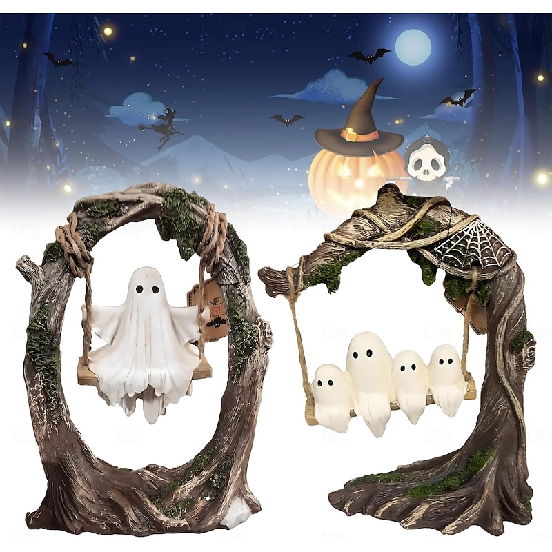 Halloween Swing Figurine Swinging Shadows Cute Ghost Decoration on A Tree Swing Funny Resin Cute Ghost Decoration Ornament for Desktop, Bookshelf, Garden & Patio Decoration