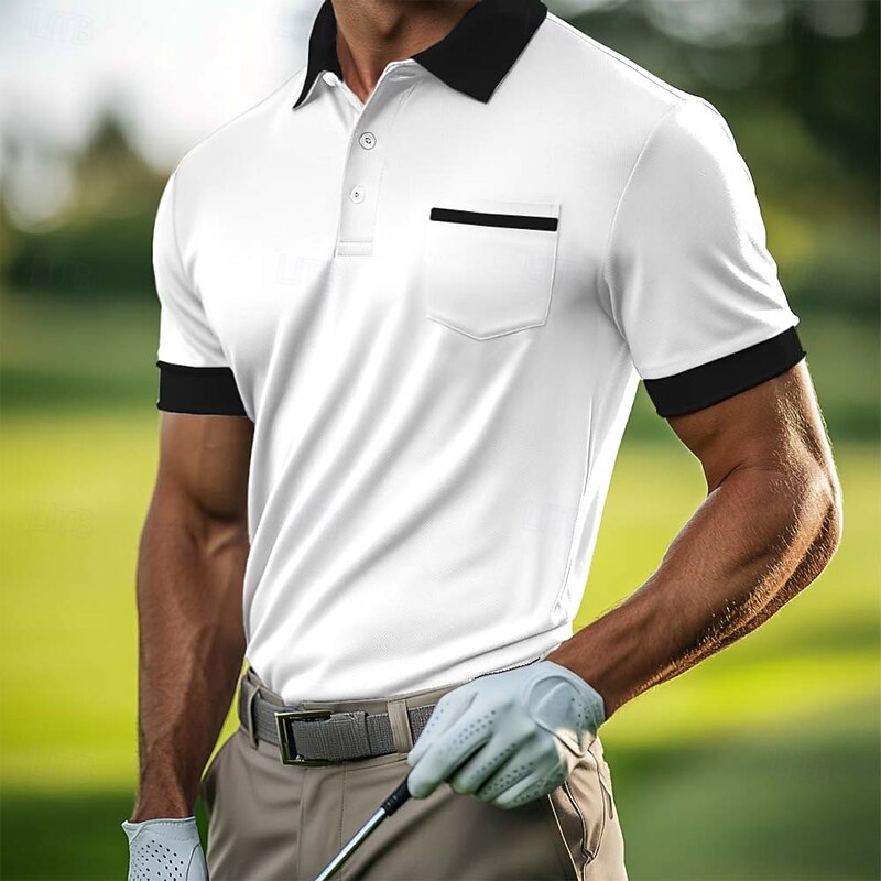 Men's Golf Shirt Pique Polo Shirt Work Casual Lapel Ribbed Polo Collar Short Sleeve Basic Modern Color Block Pocket Summer Spring Regular Fit Grey Black White Dark Blue Light Blue Burgundy Golf Shirt3