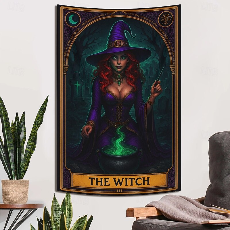 The Witch Tarot Card Style Wall Tapestry Backdrop, Gothic Occult Halloween Decoration for 2025 Halloween Living Room, Bedroom