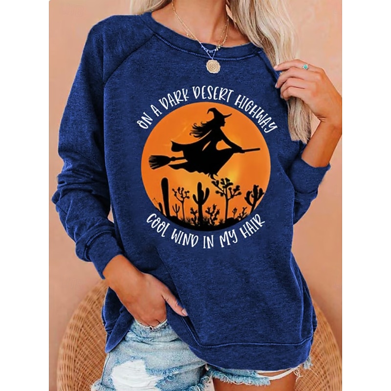 Halloween Women's Pullover Sweatshirt Witch Graphic Fashion Casual Long Sleeve Crew Neck Round Neck Regular Tops Casual Print White Light Green Wine Blue Light Grey Fall Winter4