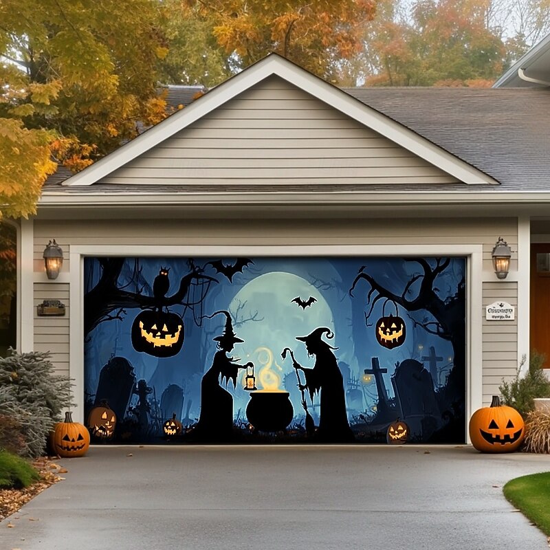 Halloween Garage Door Cover Banner Backdrop – Oversized Skeleton Moon Scene with Pumpkins, Includes Ropes and Hooks, Outdoor Decoration for 2025 Halloween Home Front Yard