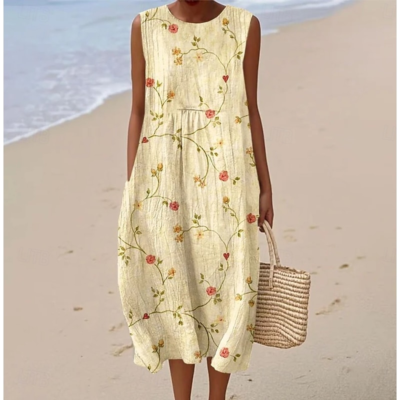 Women's Midi Dress Sundress Shift Dress A Line Dress Vacation Casual Boho Party Going out Beach Loose Fit Floral Graphic Sleeveless Crewneck Light Yellow Deep Green Gray Green Orange red Summer Spring3