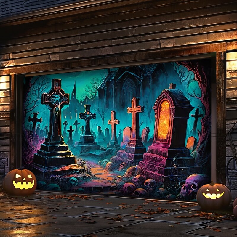 Halloween Outdoor Garage Door Cover Cemetery Skeletons Banner Large Tapestry Backdrop Decoration for Holiday Outdoor Garage Door Home Wall Decorations3