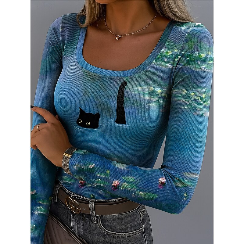 Easter Women's T Shirt Ribbed Graphic Square Neck Long Sleeve Casual Floral Butterfly Vintage Stylish Regular Tops Daily Print White Blue Purple off-white Summer Spring Fall4