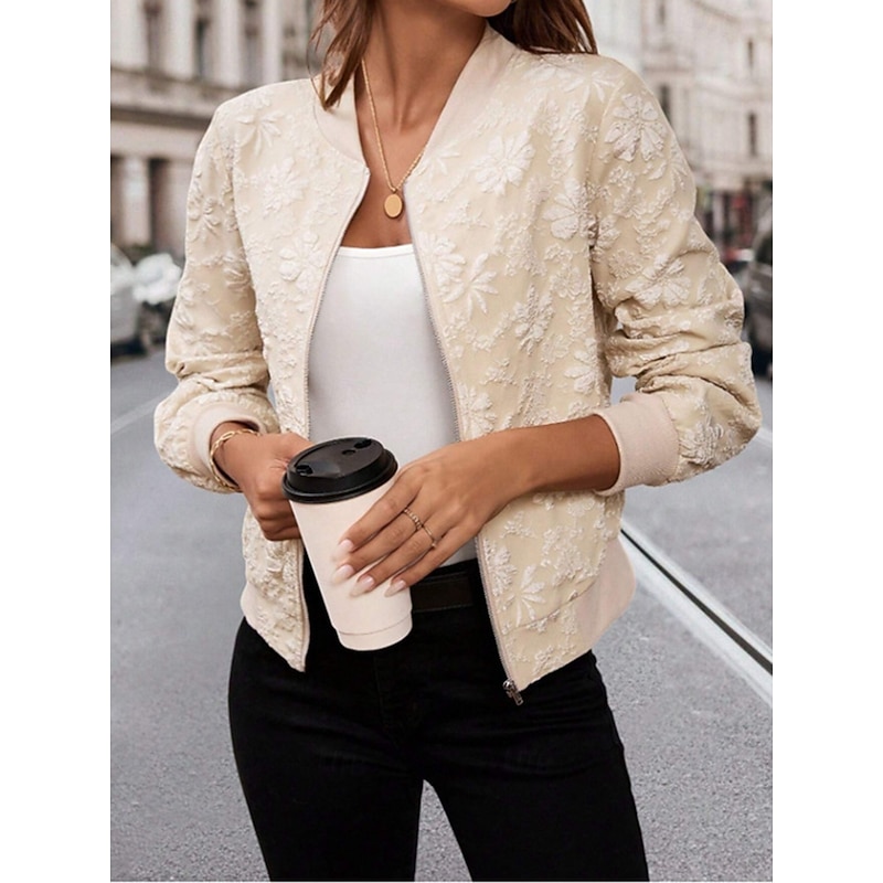 Women's Casual Jacket Comfortable Breathable Full Zip Fashion Casual Floral Casual Daily Regular Notch Lapel Regular Fit Long Sleeve Outerwear Beige Fall Winter2