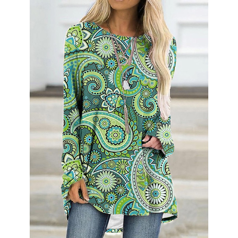 Women's T shirt Long Sleeve Graphic Geometric Vintage Stylish Classic Long Sleeve Crew Neck Round Neck Regular Tops Daily Print Red Orange Green Khaki Spring Fall Prefall4