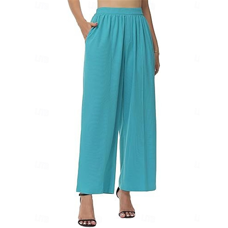 Women's Wide Leg Chinos Vacation Vintage Fashion Full Length High Waist Solid Color Pocket Elastic Waistband Comfy Soft Comfortable Stretchy Outdoor Street Black Pink Blue Gray Summer Spring Regular3