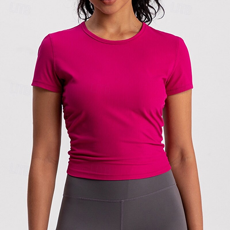 Women's Yoga T-shirt Quick Dry Breathable Wrinkles Short Sleeve Sports Solid Color Top For Pilates Running Yoga Activewear4