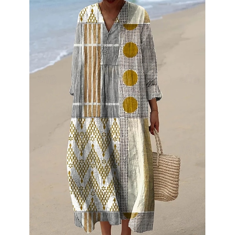Women's Midi Dress V Neck Long Sleeve Kaftan Lightweight Loose Fit A Line Dress Casual Boho Going out Graphic Geometric Stripe Long Sleeve V Neck Black Yellow Light Green Red Fall