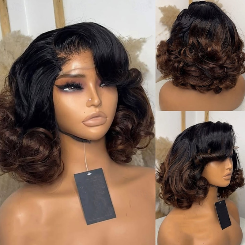 Remy Human Hair 5x5 Closure 13x4 Lace Front Wig Short Bob Brazilian Hair Loose Curl Brown Auburn Wig 130% 150% Density with Baby Hair Ombre Hair 100% Virgin Glueless Pre-Plucked For Women Short Human