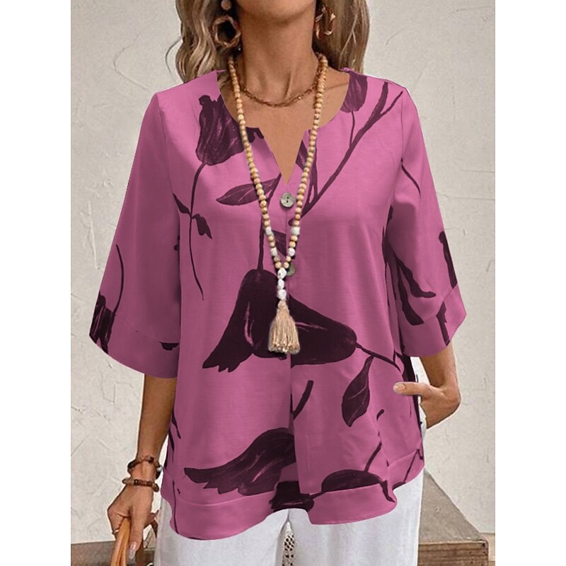 Women's Shirt Floral Stylish Modern 3/4 Length Sleeve V Neck Regular Tops Daily Holiday Print White Yellow Red Purple Light Blue Summer