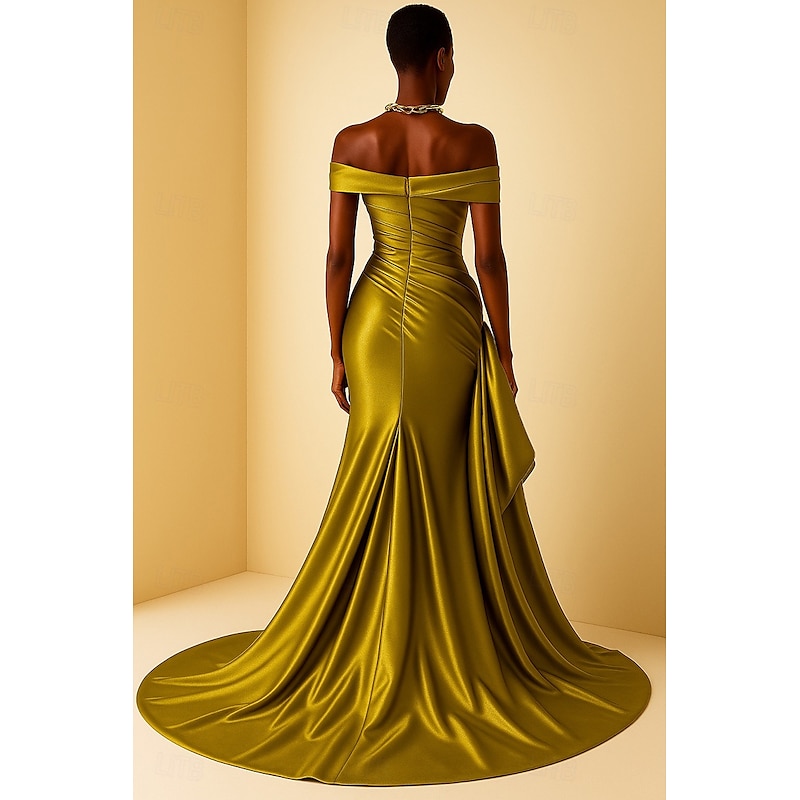 High FashionEvening Gown Black Tie Mermaid / Trumpet Evening Gown Elegant Dress Formal Wedding Court Train Sleeveless Off Shoulder Satin with Pleats Ruched3