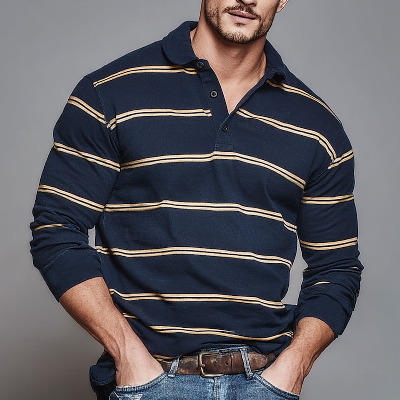 Men's Horizontal Stripes Rugby Polo Long Sleeve Polo Shirts Collared Shirts Sportswear Casual School Outdoor Athleisure 3D Print Spring Fall Winter Yellow Blue Brown
