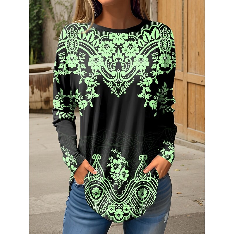 Women's T Shirt Graphic Tribal Vintage Fashion Stylish Long Sleeve Crew Neck Round Neck Regular Tops Weekend Print White Pink Blue Green Spring Fall4